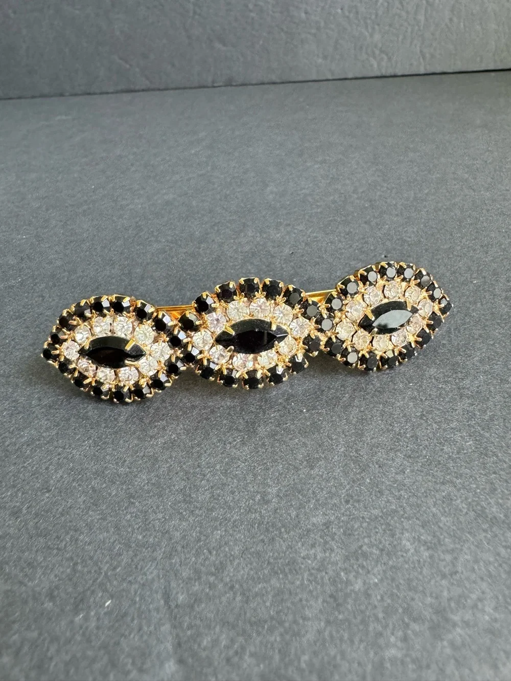Vintage Rhinestone Hair Clip Large Barrette Gold Tone Prom Formal Made In France